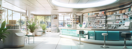 A future modern building of pharmacy with a green chair and a sign that says medical Von Adi