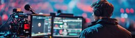 A focused individual manages a live-streaming setup with dual screens, capturing the energy of a vibrant event. Von Chanoknan