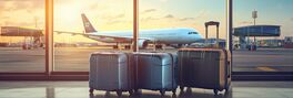 Luggage suitcase in airport with airplane. generative ai Von Michal