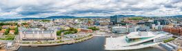 Aerial panoramic view of the Opera House and new business quarter. Oslo, Norway. Von Aerial Film Studio